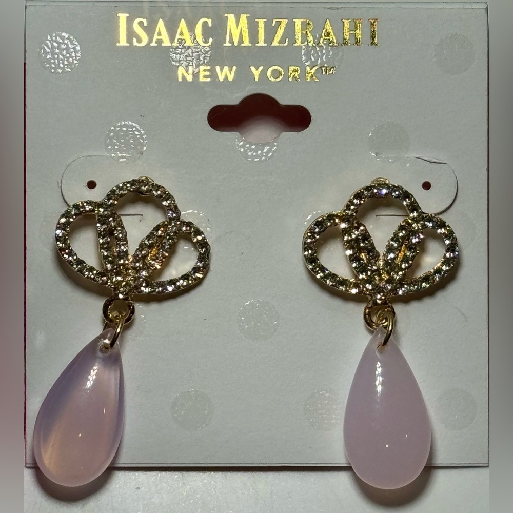 ISAAC MIZRAHI Gold Tone Post Earrings Pave Crystals with Pink Dangling Stone